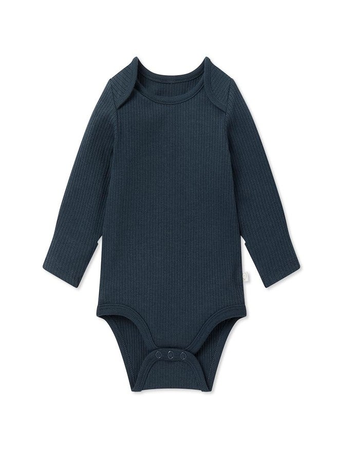 MORI Baby Unisex Long Sleeve Bodysuit in Ribbed Navy Viscose from Bamboo and Organic Cotton - Toddler Romper for Boys and Girls - 6-9 Months - Image 1
