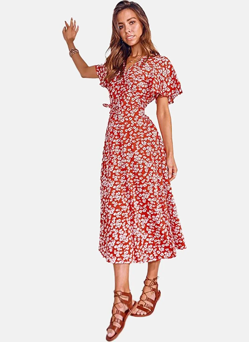 YUNIQEE Red Floral Print Flared Sleeve Midi Dress