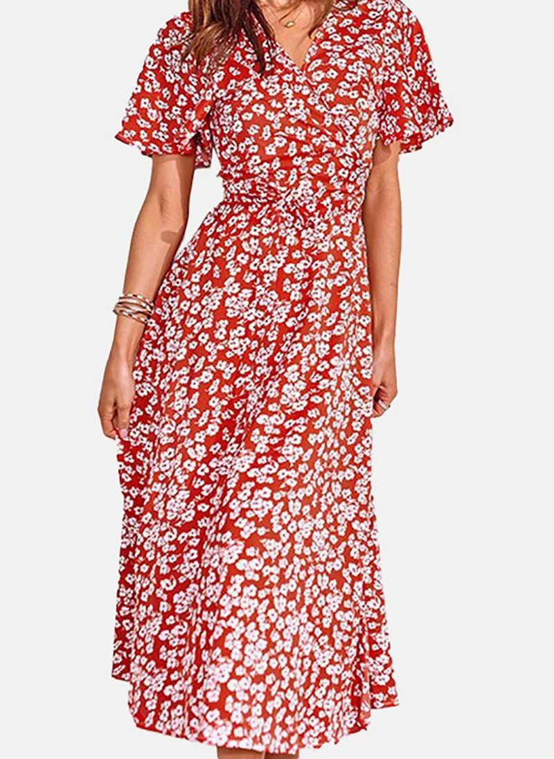 YUNIQEE Red Floral Print Flared Sleeve Midi Dress