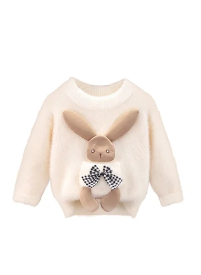 LITTLE SURPRISE BOX Beige with 3d Bunny Kids Cardigan Sweater, Round Neck