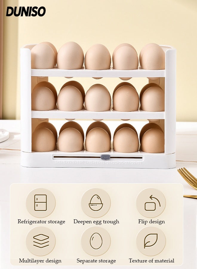 DUNISO حامل بيض لـ 30 بيضة صندوق تخزين بيض قابل للطي للثلاجة 3 طبقات منظم صينية البيض مع تصميم تلقائي للفتح حاوية تخزين البيض الطازج للمطبخ للثلاجة قابلة لإعادة الاستخدام صينية بيض شفافة متعددة الاستخدامات - Image 1