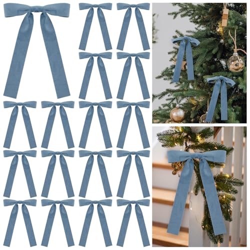 Glitinsel 24 Pcs Velvet Bows Christmas Tree Ornaments Vintage Double Faced Velvet Ribbon Bows for Tree Garland Wreath Indoor Outdoor Xmas5 x 7 Inch Width of 1Dusty Blue - Image 1
