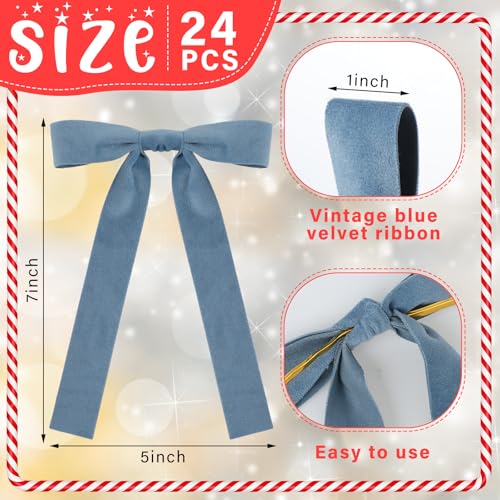 Glitinsel 24 Pcs Velvet Bows Christmas Tree Ornaments Vintage Double Faced Velvet Ribbon Bows for Tree Garland Wreath Indoor Outdoor Xmas5 x 7 Inch Width of 1Dusty Blue - Image 3