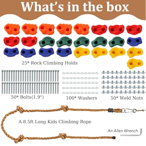 ZENFUN 25 Packs Rock Climbing Holds for Kids and Adults, Indoor & Outdoor Rock Wall Climbing Kit, Multi-Colored Climbing Rock Wall Grips with Mounting Hardware, Knotted Rope and 25 Handles - Image 3
