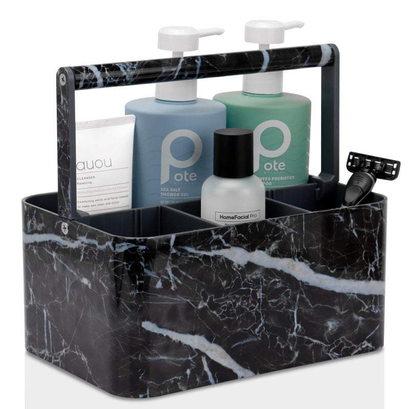 BYUNER Plastic Shower Caddy Dorm: Portable Bathroom Caddy Organizer for College with Handle and Adjustable Divider, Utility Hard Shower Basket Bath Tote for Toiletry, Shampoo, Soap (Black Marble) - Image 1