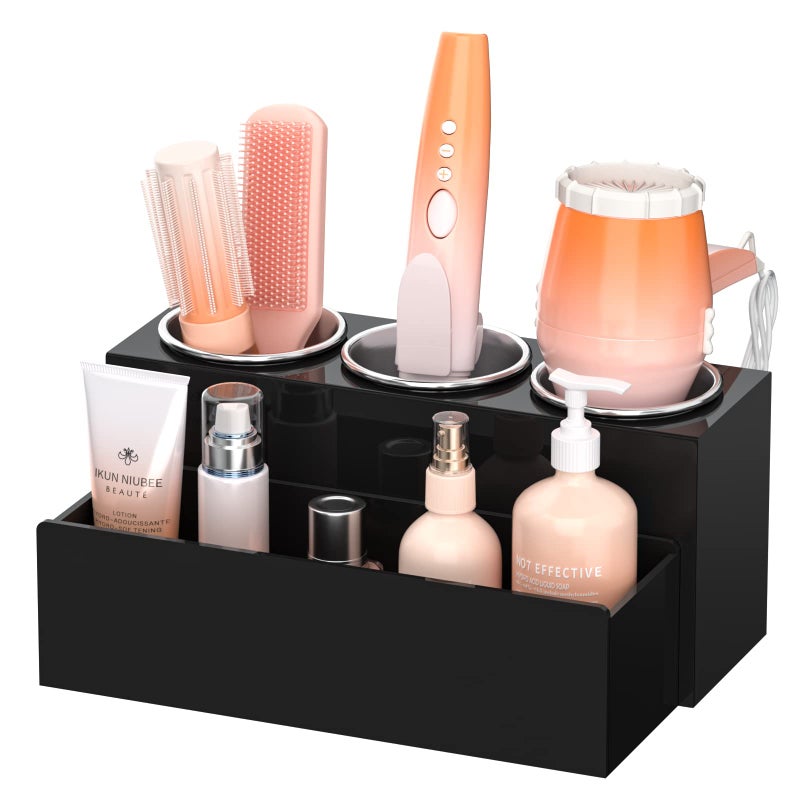 NIUBEE Hair Tool Organizer Acrylic Hair Dryer and Styling Holder Bathroom Countertop Blow Dryer Organizer Vanity Storage Stand for Accessories Makeup Toiletries Black
