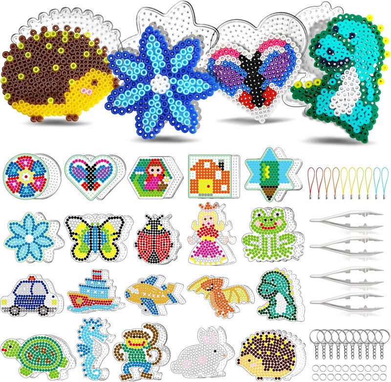 FUNZBO 20 pcs Pegboards for 5mm Fuse Beads Project- Animal Shape Pegboards for Arts and Crafts with Keychains, Hang Ropes and Tweezers, Christmas Gifts for Boys and Girls (Beads Not Included) - Image 1