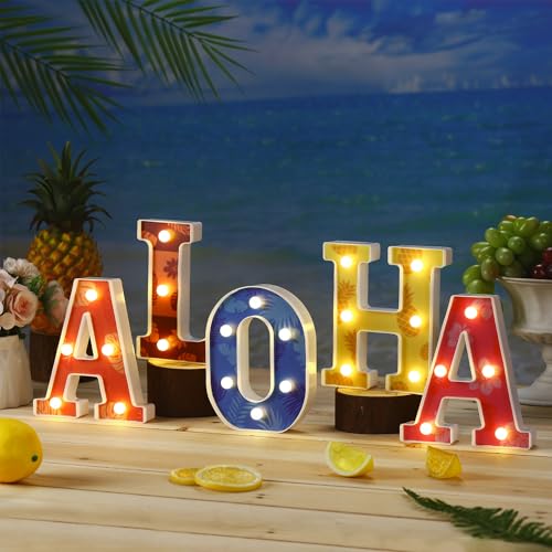 Grinsvalley Hawaiian Luau Party Decorations Aloha Light up Sign Summer Aloha LED Marquee Letter for Party Decorations Hibiscus Tropical Alphabet Letter Summer LED Lights for Wedding Night Birthday - Image 3