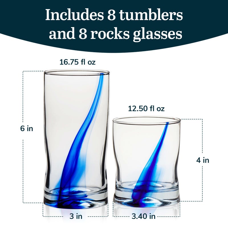 Libbey Blue Ribbon 16 Piece Tumbler and Rocks Glass Set, Infused Blue Ribbon Drinkware Glasses Set, Artisan Inspired Four-Dimple Shaped Rock Glasses, Dishwasher Safe Tumbler Glasses Set - Image 3