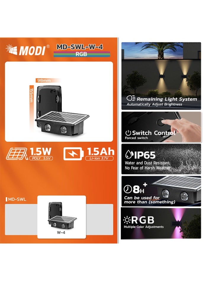 مودي مصباح جداري يعمل بالطاقة الشمسية، مقاس 155×98×60.5 مم، لون كهرماني دافئ 1800 كلفن / لون أبيض دافئ 3000 كلفن / مصباح جداري LED متغير الألوان RGB | إضاءة ديكورية مقاومة للماء تعمل بالطاقة الشمسية للحدائق والسياج والفناء | إضاءة خارجية موفرة للطاقة وطويلة الأمد لتزيين المنزل - Image 2