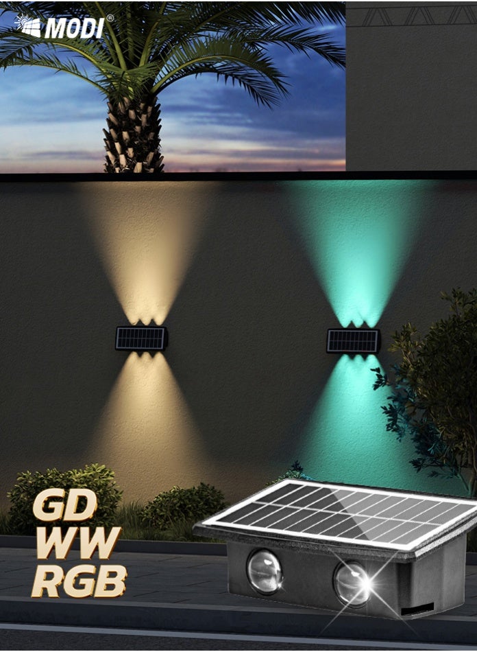 مودي مصباح جداري يعمل بالطاقة الشمسية، مقاس 155×98×60.5 مم، لون كهرماني دافئ 1800 كلفن / لون أبيض دافئ 3000 كلفن / مصباح جداري LED متغير الألوان RGB | إضاءة ديكورية مقاومة للماء تعمل بالطاقة الشمسية للحدائق والسياج والفناء | إضاءة خارجية موفرة للطاقة وطويلة الأمد لتزيين المنزل - Image 1