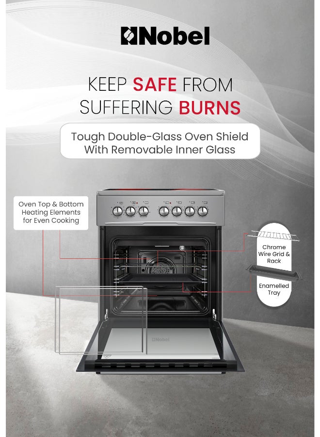 Nobel 60x60cm Vitroceramic Cooking Range 4 Highlight Ceramic Heaters, 70L Electric Oven, 9 Power Levels, Turbo Fan, Mechanical Timer, Double Glass Door, Cooling Fan Free Standing Electric Cooker - (1 Year Warranty) 4 NGC60VTI silver - Image 5