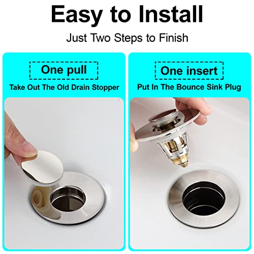 PerPaiMe Universal Bathroom Sink Stopper - Bounce Wash Basin Drain Filter, Brushed Nickel Pop Up Drain Stopper, Bullet Core Push Type Sink Stopper, Sink Drain Plug with Anti-Clogging Strainer, for 1.1-1.5 inch - Image 5