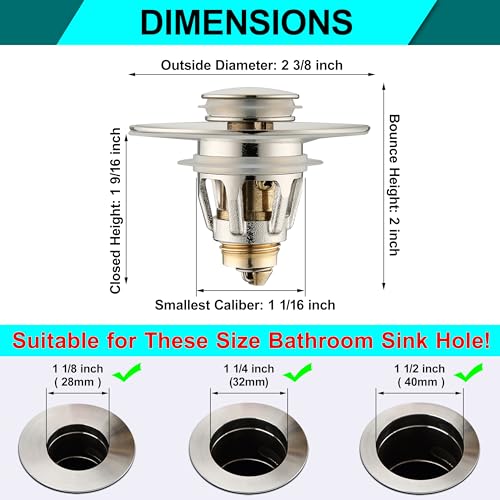 PerPaiMe Universal Bathroom Sink Stopper - Bounce Wash Basin Drain Filter, Brushed Nickel Pop Up Drain Stopper, Bullet Core Push Type Sink Stopper, Sink Drain Plug with Anti-Clogging Strainer, for 1.1-1.5 inch - Image 2