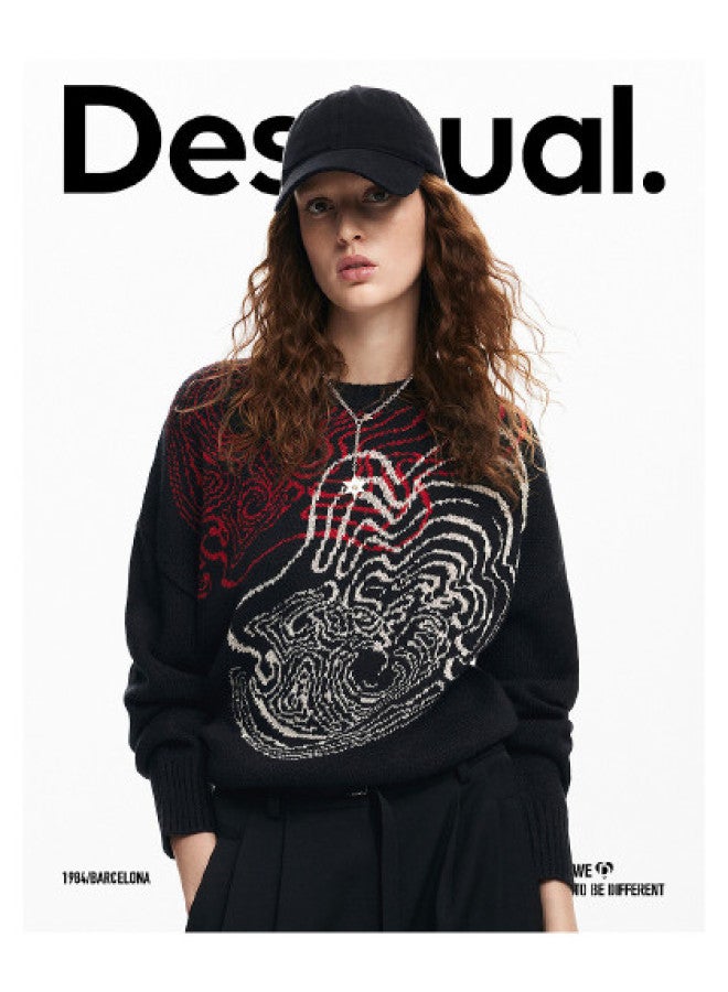 DESIGUAL color-blocked Jacquard Round Neck Drop-shoulder Loose Knit Sweater For Women - Image 1