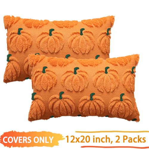 COSIBONO Pumpkin Fall Decorative Throw Pillow Covers 12"x20", Set of 2 Orange Green Soft Faux Fur Pillow Covers for Autumn Harvest, Fluffy Plush Accent Pillow Cases for Farmhouse Halloween Decor - Image 3