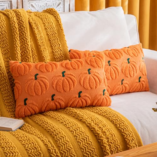 COSIBONO Pumpkin Fall Decorative Throw Pillow Covers 12"x20", Set of 2 Orange Green Soft Faux Fur Pillow Covers for Autumn Harvest, Fluffy Plush Accent Pillow Cases for Farmhouse Halloween Decor - Image 1