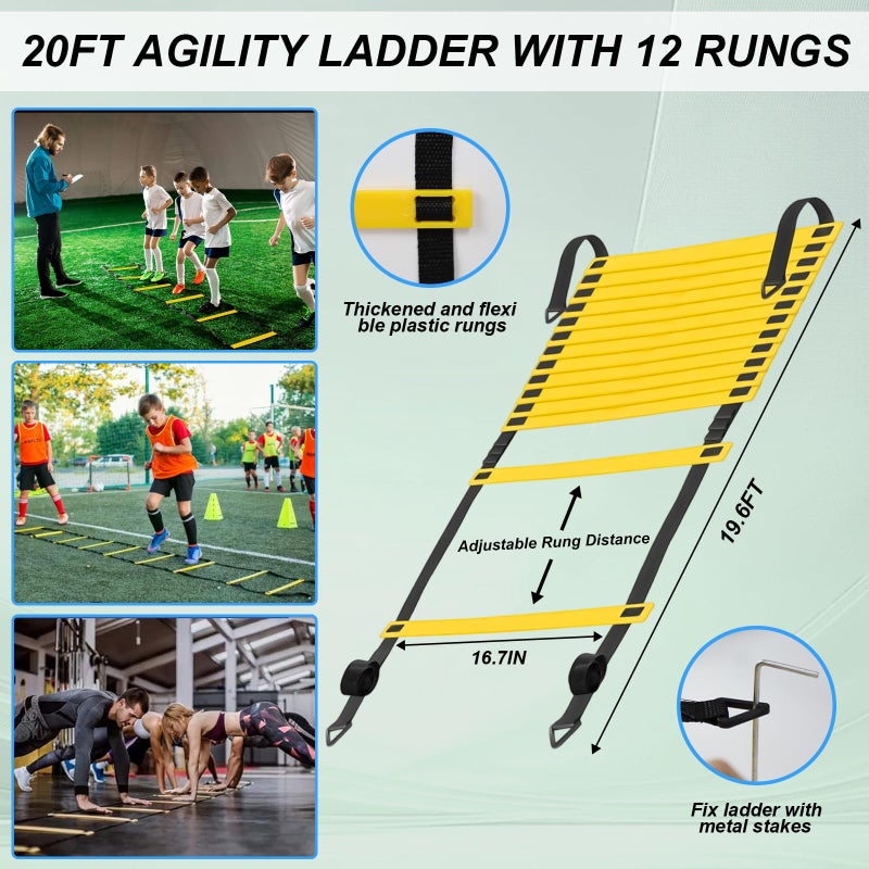 grestar Speed Agility Training Equipment Set, Agility Ladder 20ft, 12 Football Cones, Soccer Kick Trainer, Jump Rope, 5 Resistance Bands, Football Soccer Basketball Fitness Drills for Kids Adults - Image 3