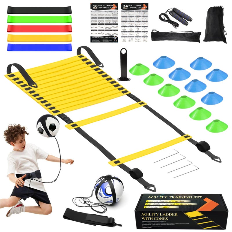 grestar Speed Agility Training Equipment Set, Agility Ladder 20ft, 12 Football Cones, Soccer Kick Trainer, Jump Rope, 5 Resistance Bands, Football Soccer Basketball Fitness Drills for Kids Adults - Image 1