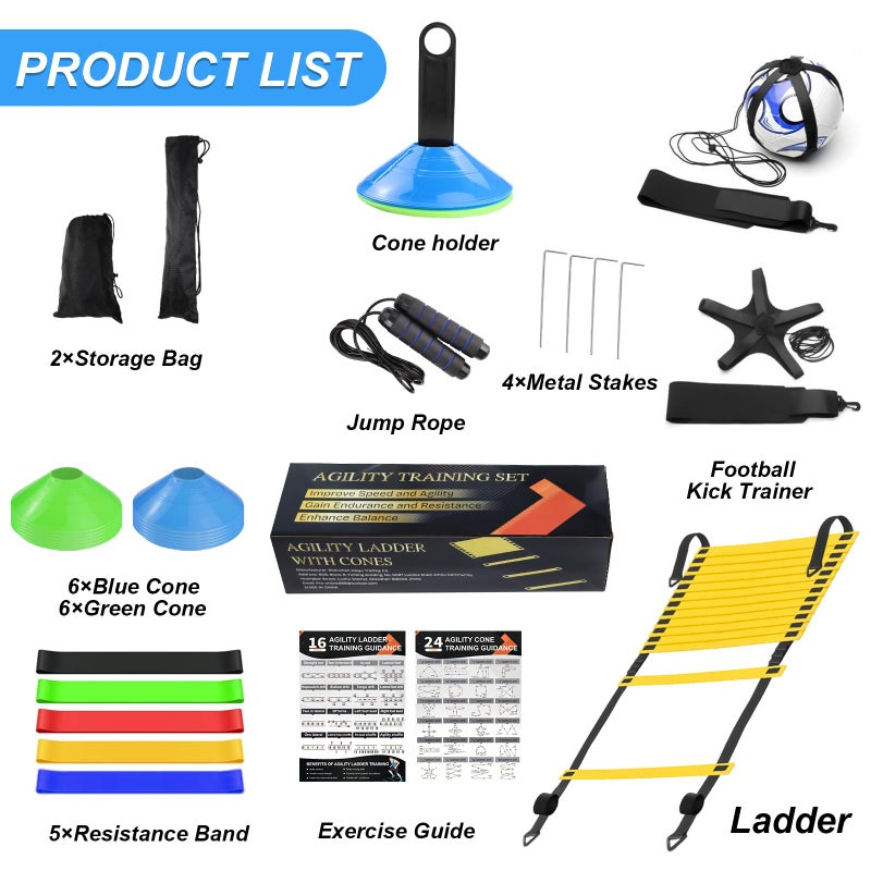 grestar Speed Agility Training Equipment Set, Agility Ladder 20ft, 12 Football Cones, Soccer Kick Trainer, Jump Rope, 5 Resistance Bands, Football Soccer Basketball Fitness Drills for Kids Adults - Image 2
