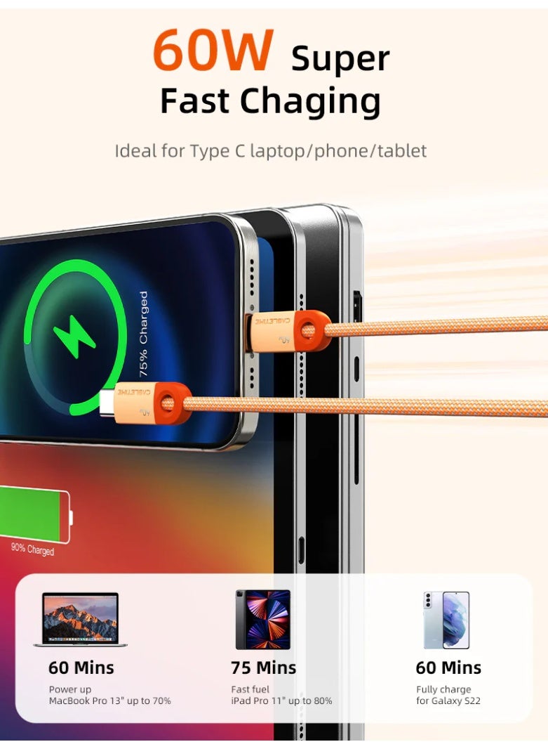كابل تايم كابل شحن سريع مضفر USB-C إلى USB-C بقدرة 60 واط، يدعم تقنية الشحن السريع PD بقدرة 60 واط و3 أمبير، متوافق مع أجهزة iPhone 15/16 Pro Max وSamsung Galaxy S24/S23 وGoogle Pixel وiPad Pro/Air وMacBook واللابتوب - مصنوع من النايلون المتين لنقل البيانات. - Image 4