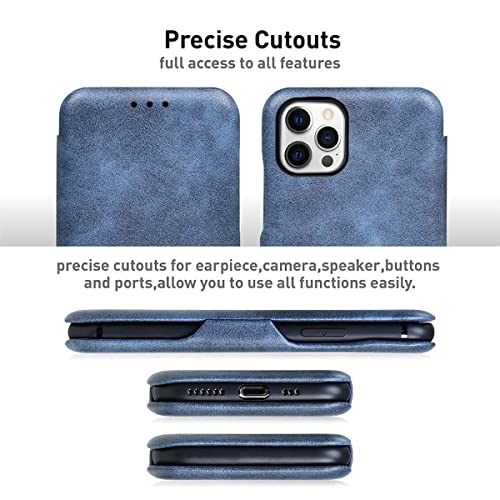 PULOKA for iPhone 14 Pro Max - Sleek Flip Case - Premium Vegan Leather Phone Cover with Card Slot - Slim, Durable, Privacy Protection - Kickstand Function - Elegant Flip Wallet Cases for Apple - Blue - Image 3