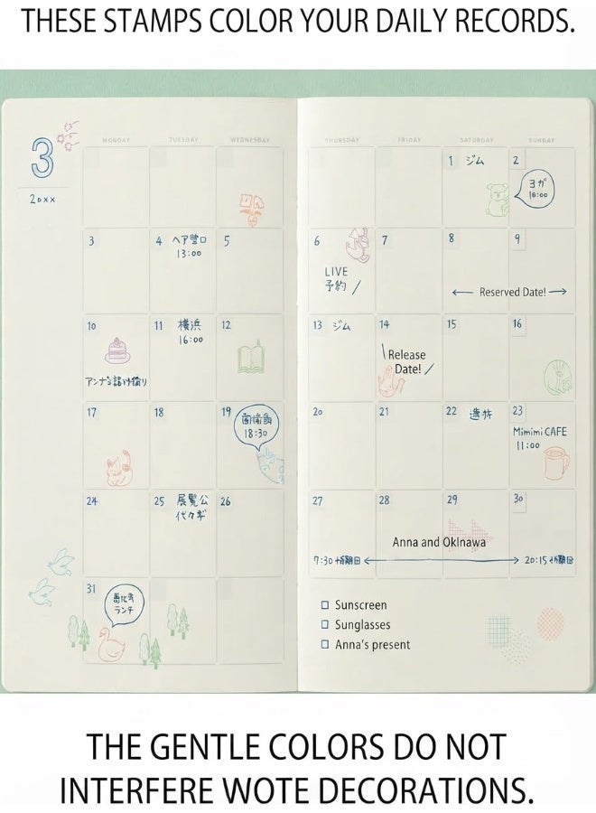 MIDORI Yuru Log Pre-Inked Stamp Set Frame Pattern 35614006, compact case, four-colour frame set, Multicolour, Pre-Inked Stamp, 1 set for planner labels - Image 1