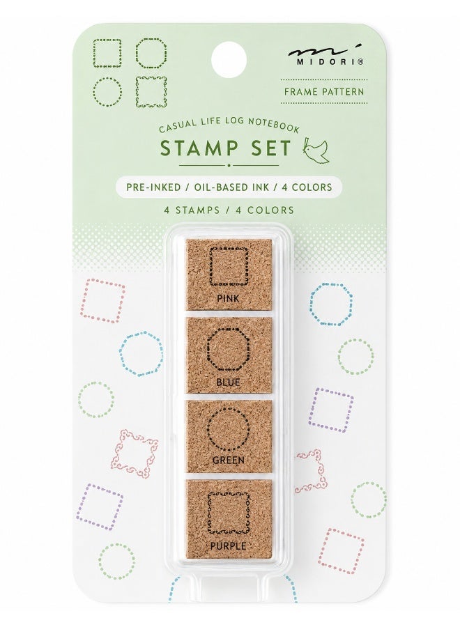 MIDORI Yuru Log Pre-Inked Stamp Set Frame Pattern 35614006, compact case, four-colour frame set, Multicolour, Pre-Inked Stamp, 1 set for planner labels - Image 2