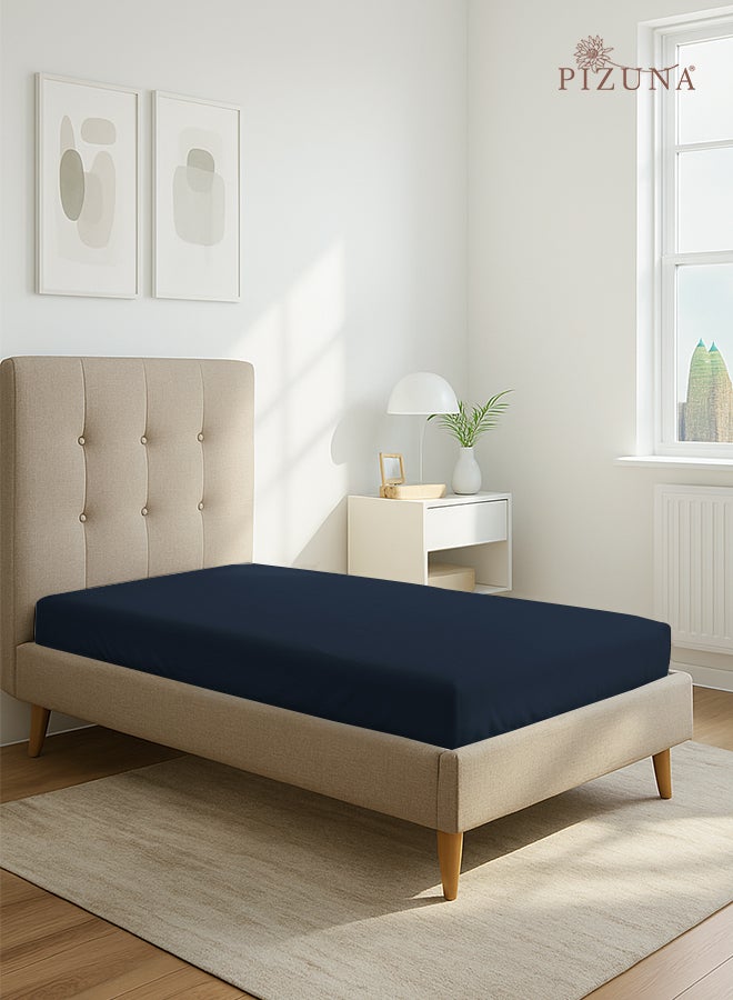 Pizuna Pure Combed Cotton Fitted Bedsheet Single 90x200 cm, Dark Blue, 400 Thread Count Cool Luxury Soft 100% Long Staple Cotton Sateen Weave, 40cm Deep Pocket Sheet (Fitted Sheet -1PC) - Image 1