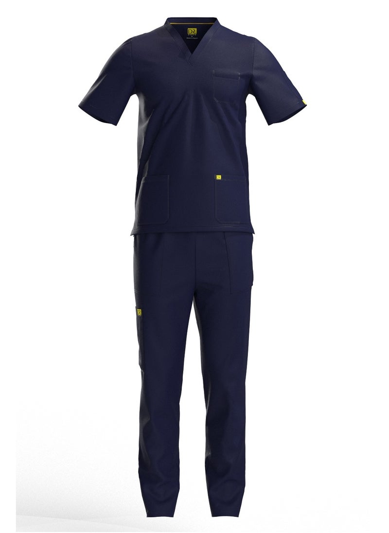 Doctor - Scrub Comfortable Navy Blue Lycra fabric with many pockets is meticulously crafted to retain its color without fading with repeated washing - Image 1