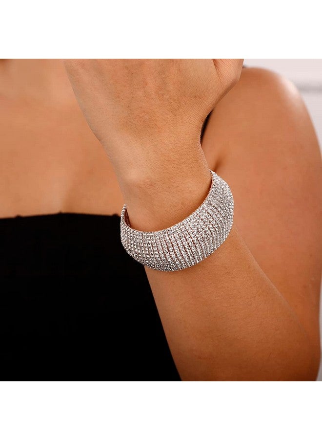 Denifery Crystal Rhinestones Cluster Wide Bangle Bracelet Rhinestone Stackable Stretch Bracelets For Women (Silver) - Image 2