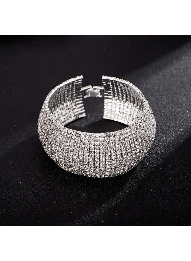 Denifery Crystal Rhinestones Cluster Wide Bangle Bracelet Rhinestone Stackable Stretch Bracelets For Women (Silver) - Image 4