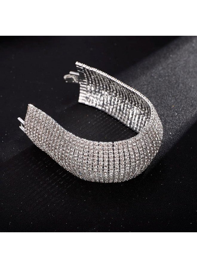 Denifery Crystal Rhinestones Cluster Wide Bangle Bracelet Rhinestone Stackable Stretch Bracelets For Women (Silver) - Image 5