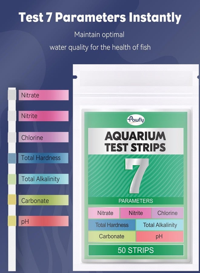 باوفلي شرائط اختبار أحواض السمك 7 في 1 من باوفلاي، 50 شريطًا، شرائط اختبار لأحواض السمك لقياس درجة الحموضة، الكلور، النترات، النتريت، الكربونات، العسر، القلوية الكلية، جودة المياه، مجموعة مراقبة المياه العذبة والمالحة - Image 3