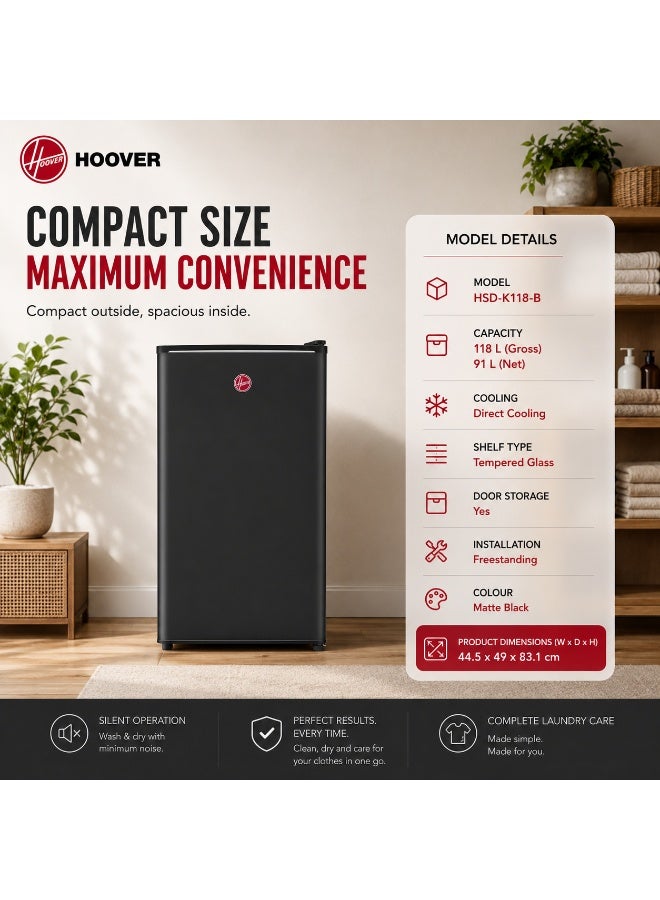 HOOVER 118L Single Door Compact Refrigerator with Freezer Compartment - Mechanical Control, Adjustable Thermostat, Security Lock, 1 Removable Shelf, Defrost Feature, 1 Year Warranty, Black HSD-K118-B 118 L HSD-K118-B Black - Image 2