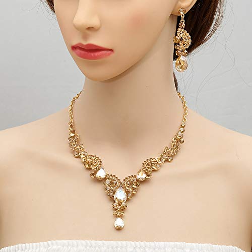 CSY 4 Pcs/Sets Elegant Crystal Necklace Earrings Bracelet Ring Bridal Wedding Costume Jewelry Sets for Brides Women Gifts (gold plated-champagne) - Image 5