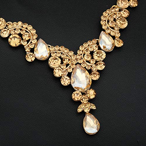 CSY 4 Pcs/Sets Elegant Crystal Necklace Earrings Bracelet Ring Bridal Wedding Costume Jewelry Sets for Brides Women Gifts (gold plated-champagne) - Image 4