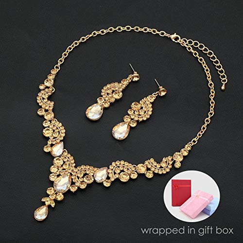 CSY 4 Pcs/Sets Elegant Crystal Necklace Earrings Bracelet Ring Bridal Wedding Costume Jewelry Sets for Brides Women Gifts (gold plated-champagne) - Image 3