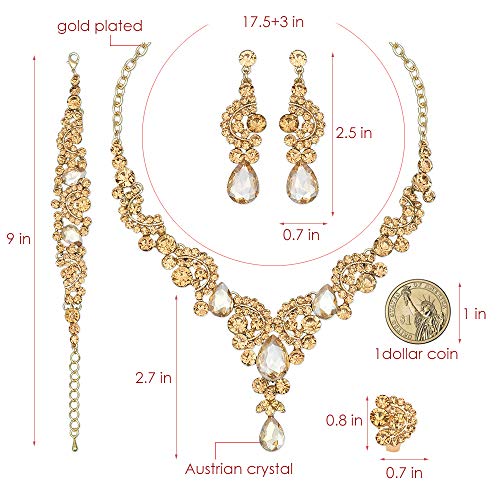 CSY 4 Pcs/Sets Elegant Crystal Necklace Earrings Bracelet Ring Bridal Wedding Costume Jewelry Sets for Brides Women Gifts (gold plated-champagne) - Image 2