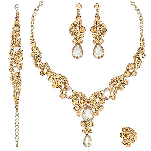 CSY 4 Pcs/Sets Elegant Crystal Necklace Earrings Bracelet Ring Bridal Wedding Costume Jewelry Sets for Brides Women Gifts (gold plated-champagne) - Image 1