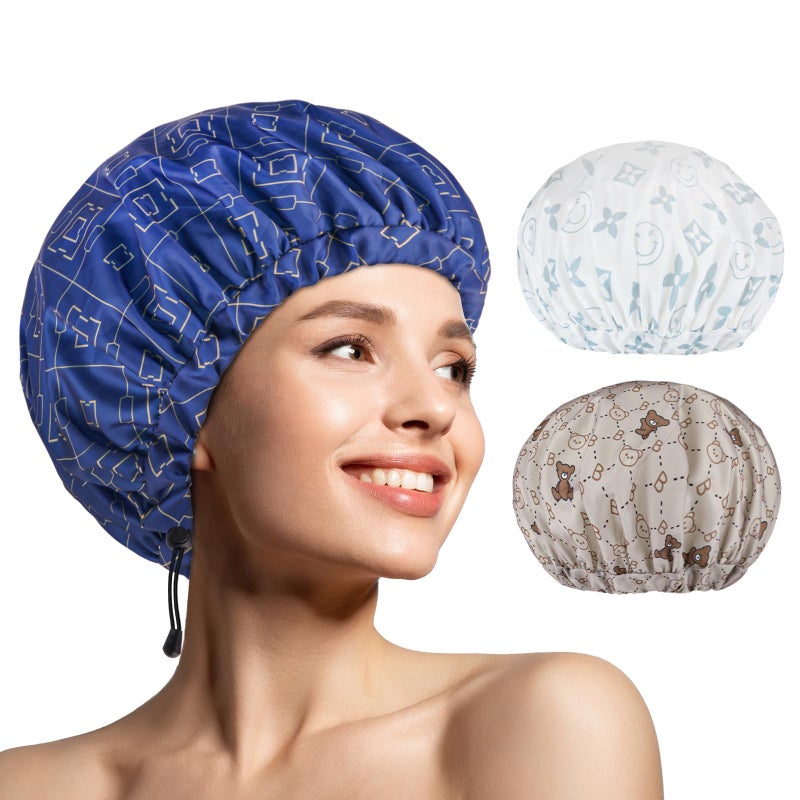 3 PCS Shower Caps for Women Upgrade Comfortable  Extra Large  Double Layers Waterproof Bath Cap Oversized Designed Adjustable Hem Hair Cap for All Hair LengthsStyle