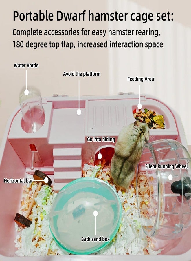 هامليدي قفص هامستر قزم بلاستيكي شفاف صغير محمول مع زجاجة ماء وعجلة تمارين وحوض استحمام ومجموعة ألعاب للهامستر القزم الصغير (وردي) - Image 3