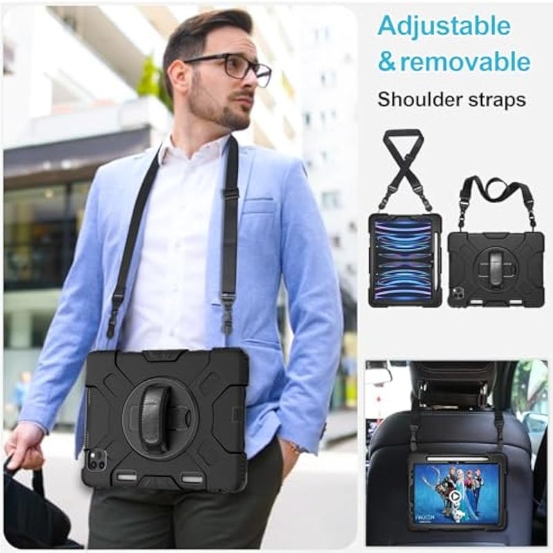 Case for iPad Pro 11 Inch (2022/2021/ 2020/2018): Silicone Cover for iPad 11 (4th/ 3rd/ 2nd/ 1st) Generation with Screen Protector- Stand- Handle- Shoulder Strap- Pencil Holder- Black - Image 5