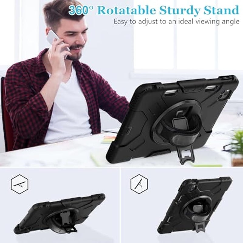 Case for iPad Pro 11 Inch (2022/2021/ 2020/2018): Silicone Cover for iPad 11 (4th/ 3rd/ 2nd/ 1st) Generation with Screen Protector- Stand- Handle- Shoulder Strap- Pencil Holder- Black - Image 3