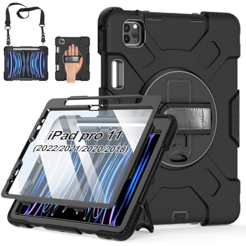 Case for iPad Pro 11 Inch (2022/2021/ 2020/2018): Silicone Cover for iPad 11 (4th/ 3rd/ 2nd/ 1st) Generation with Screen Protector- Stand- Handle- Shoulder Strap- Pencil Holder- Black - Image 1