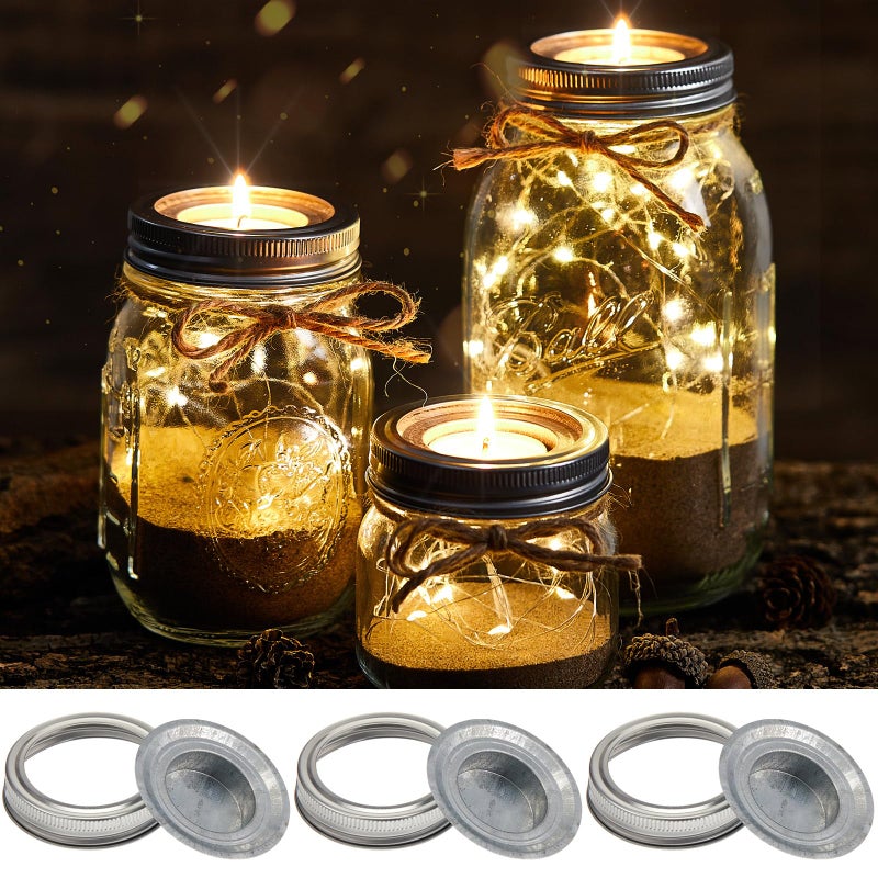 Otoolling 3 Sets Mason Jar Tea Light Candle Holder Lid Inserts Mason Jar Replacement Rings Farmhouse Decor for Home Party Wedding Rustic Regular Mouth Compatible with Tea Light Candles up to 1.5 Inch Diameter - Image 1