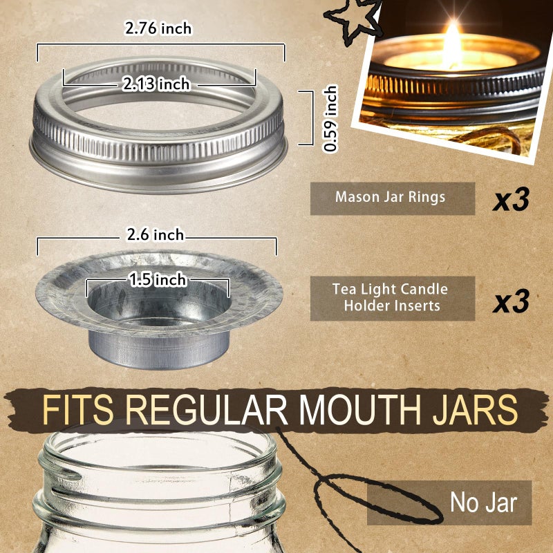 Otoolling 3 Sets Mason Jar Tea Light Candle Holder Lid Inserts Mason Jar Replacement Rings Farmhouse Decor for Home Party Wedding Rustic Regular Mouth Compatible with Tea Light Candles up to 1.5 Inch Diameter - Image 2