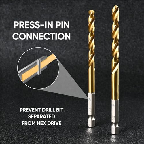 amoolo 1/8 Hex Shank Drill Bits, 10Pcs Titanium HSS Twist Impact Drill Bit Set for Metal, Steel, Wood, Plastic, Quick Change Design - Image 3