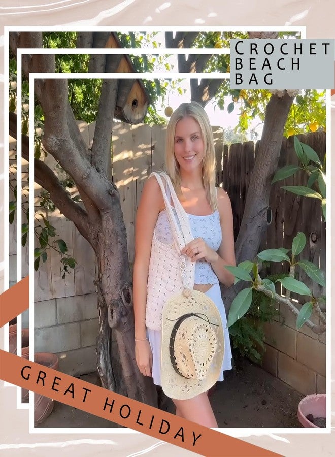 RUNROLE Crochet Tote Bag with Boho Hat Clips for Travel Women Summer Beach Bag Aesthetic Knit Bag Lightweight Cute Shoulder Bags - Image 4