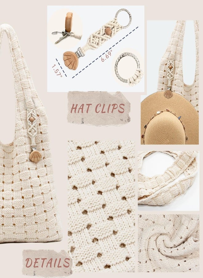 RUNROLE Crochet Tote Bag with Boho Hat Clips for Travel Women Summer Beach Bag Aesthetic Knit Bag Lightweight Cute Shoulder Bags - Image 3